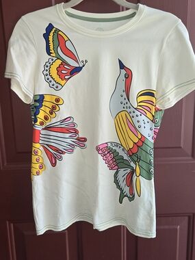 Tory Burch Cream Tee with Colorful Bird & Butterfly Motif